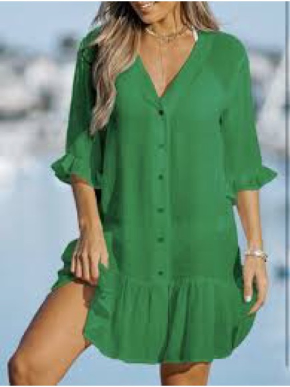 Cupcake Green Button-Front Ruffle Hem Tunic Dress